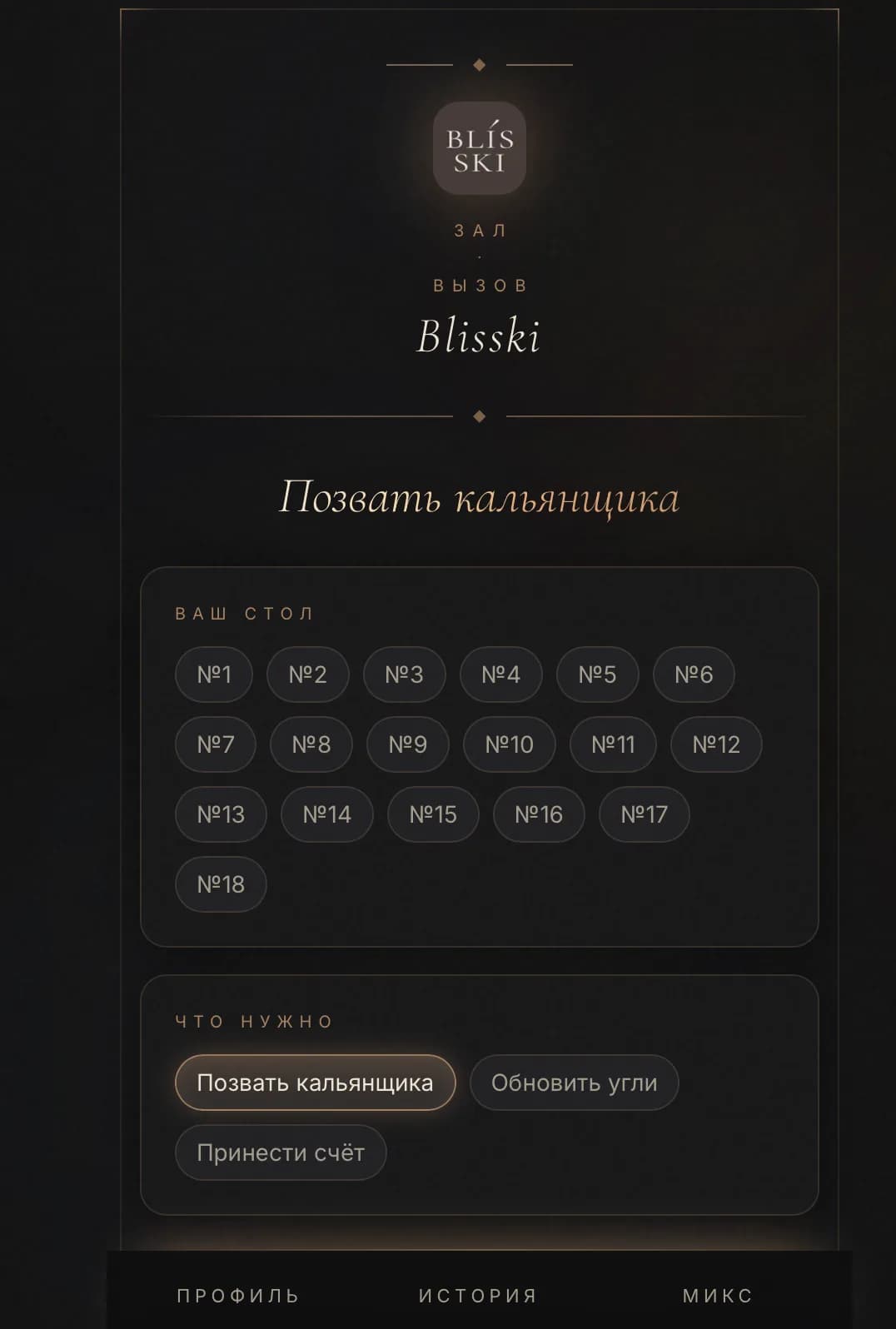 Вызов кальянщика и сервис зала по номеру стола